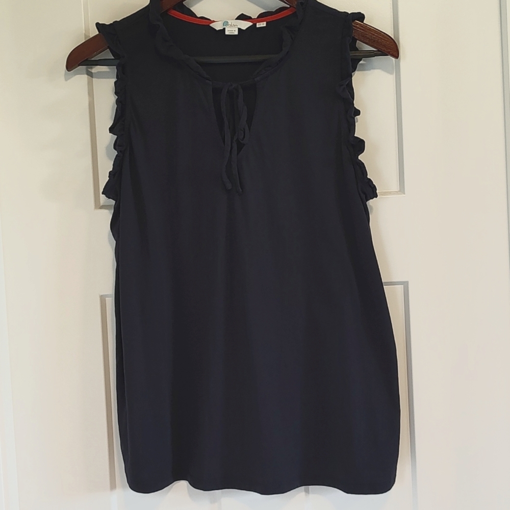 Boden sleeveless navy blue ruffle shirt